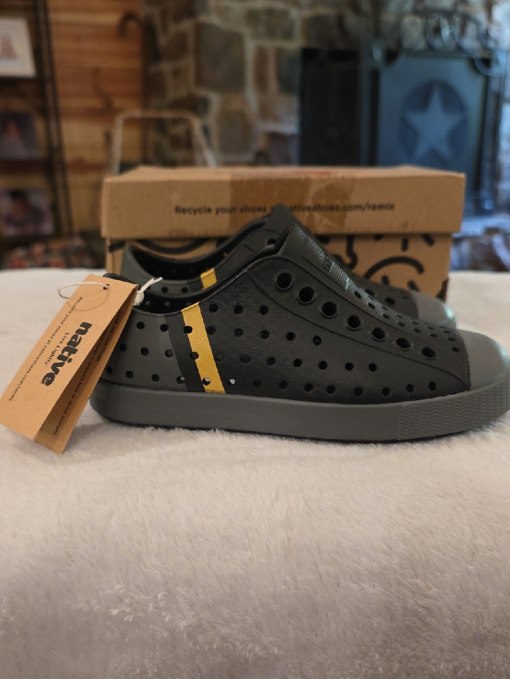 Native Kids Slip-On Loafer in Grey with Yellow Stripe